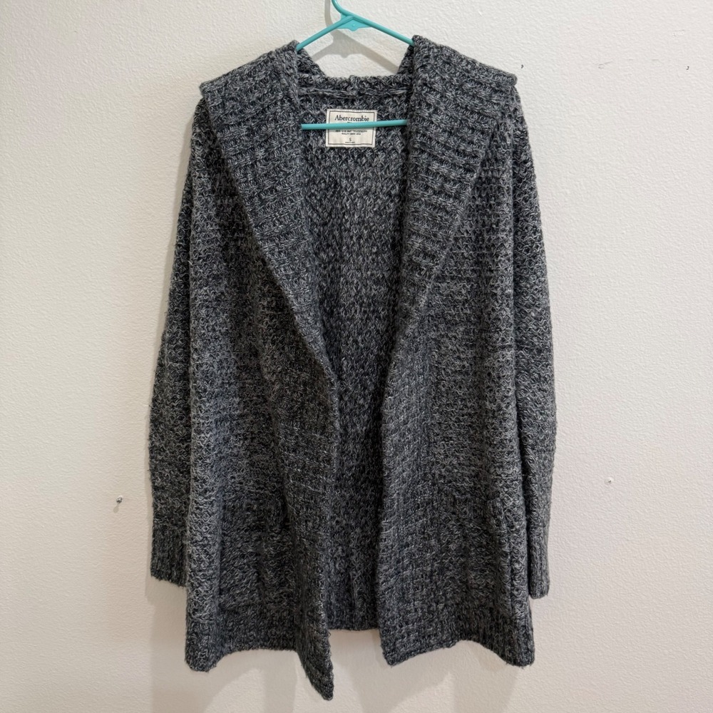 Abercrombie & Fitch Womens Grey Marled Wool Blend Hooded Open Front Cardigan S